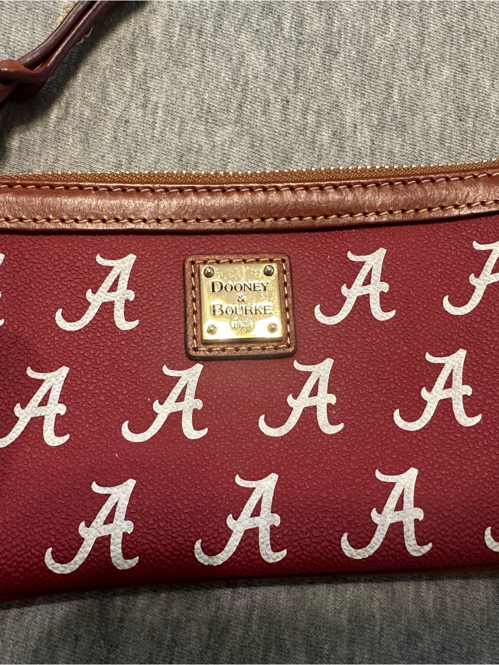 Dooney & Bourke Crimson Red Alabama 'A' Logo Wristlet with Brown Trim